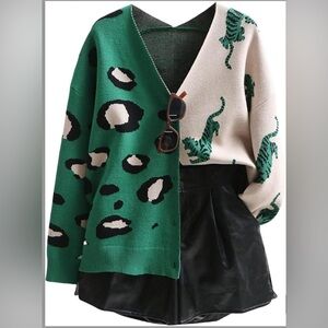 Green & Cream Tiger and Leopard Print Cardigan Sweater